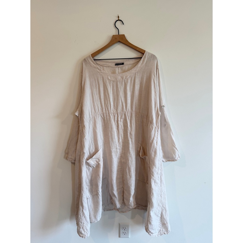 Colorine Paris Linen Dress Beige Oversized Lagenlook Handkerchief Hem 2XL